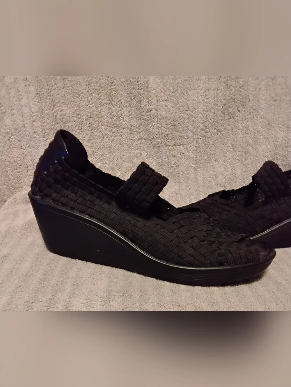 Baretrap Women’s Black Wedge Mary Jane Heels  with Woven Upper